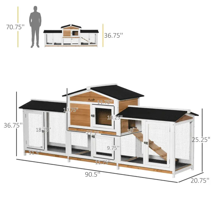 PawHut 90.5" Large Outdoor Rabbit Hutch Bunny House- Natural Dimensions