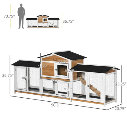 PawHut 90.5" Large Outdoor Rabbit Hutch Bunny House- Natural Dimensions