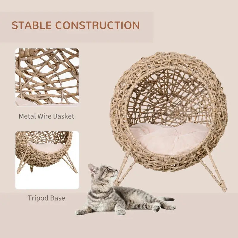 PawHut 20.5" Hand-Woven Elevated Cat Bed - Natural - A Bunny Good Time