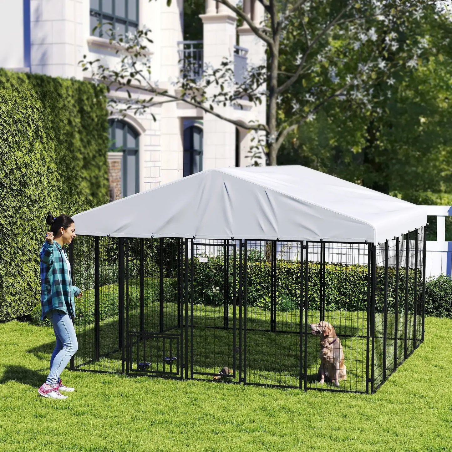 PawHut Outdoor Dog Kennel | Large Welded Wire Dog Kennel with Cover 1