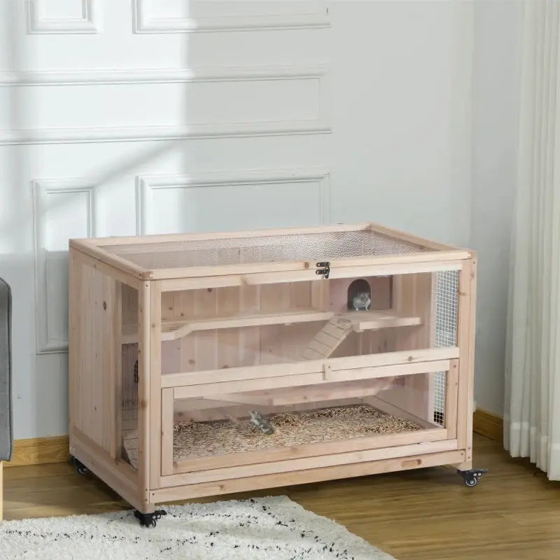 PawHut 3-Tier Wooden Hamster Cage with Wheels | Gerbil Cage1