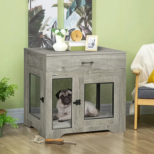 PawHut Dog Crate End Table with Drawer - Gray/Black - A Bunny Good Time