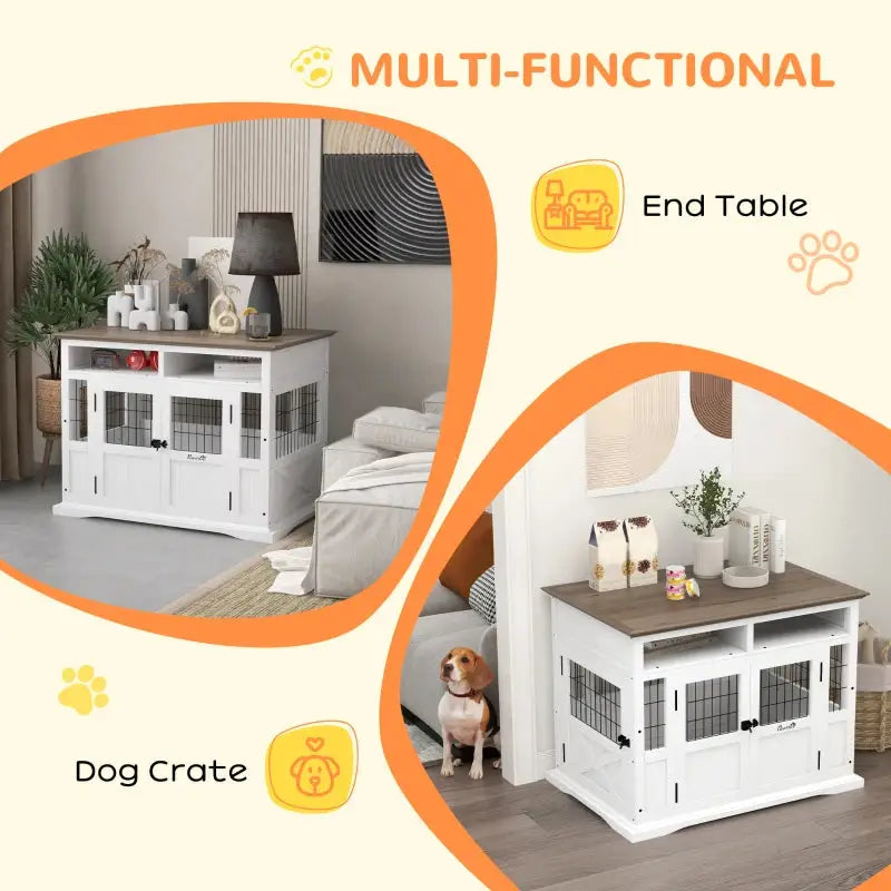 Dog Kennel and Furniture Side End Table with Storage- White - A Bunny Good Time