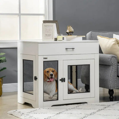 PawHut Dog Crate End Table with Drawer - White/Black - A Bunny Good Time