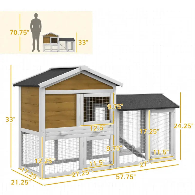 PawHut 58" Wooden Outdoor Rabbit Hutch with Enclosed Run- Natural Dimensions