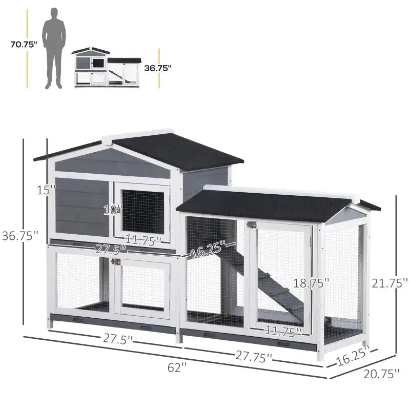 PawHut 2-Level Indoor/Outdoor Rabbit Hutch, Bunny House- Gray Dimension