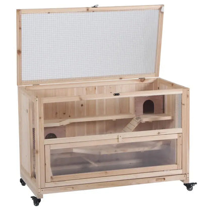 PawHut 3-Tier Wooden Hamster Cage with Wheels | Gerbil Cage Open Top