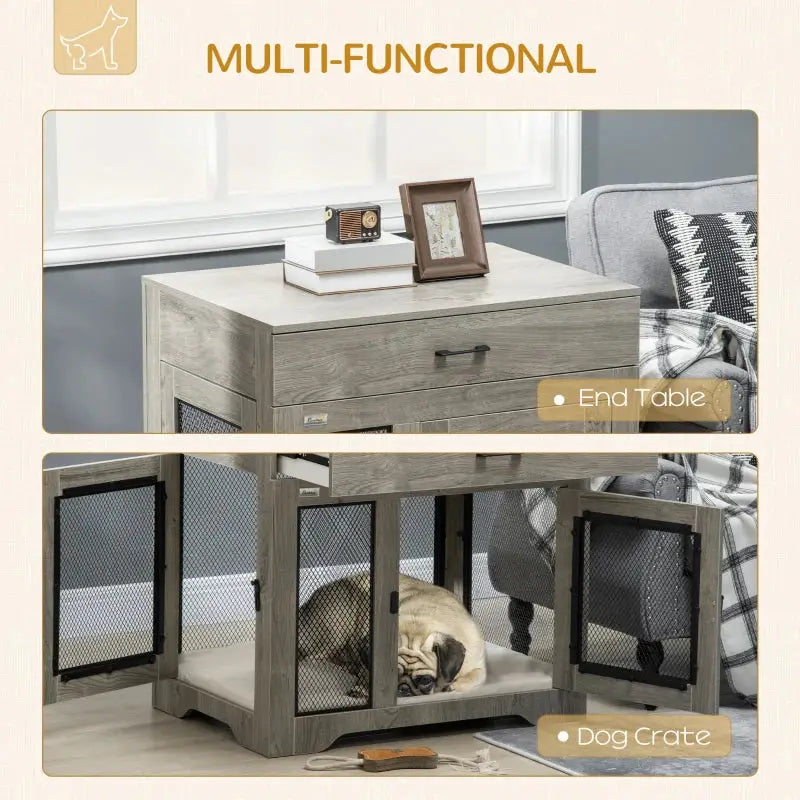 PawHut Dog Crate End Table with Drawer - Gray/Black - A Bunny Good Time