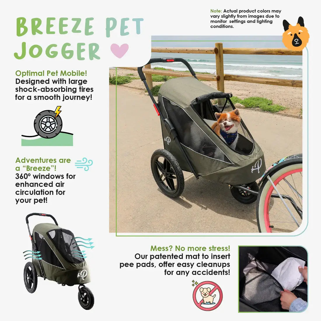 Petique Breeze Pet Jogger- Green | Jogging Dog Stroller | Pet Bike Trailer 12