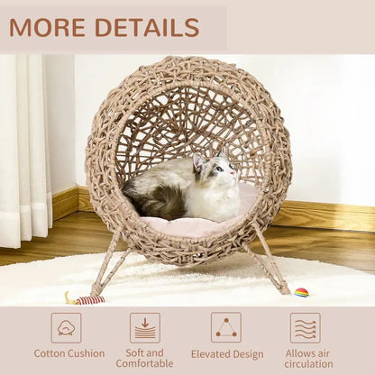 PawHut 20.5" Hand-Woven Elevated Cat Bed - Natural - A Bunny Good Time