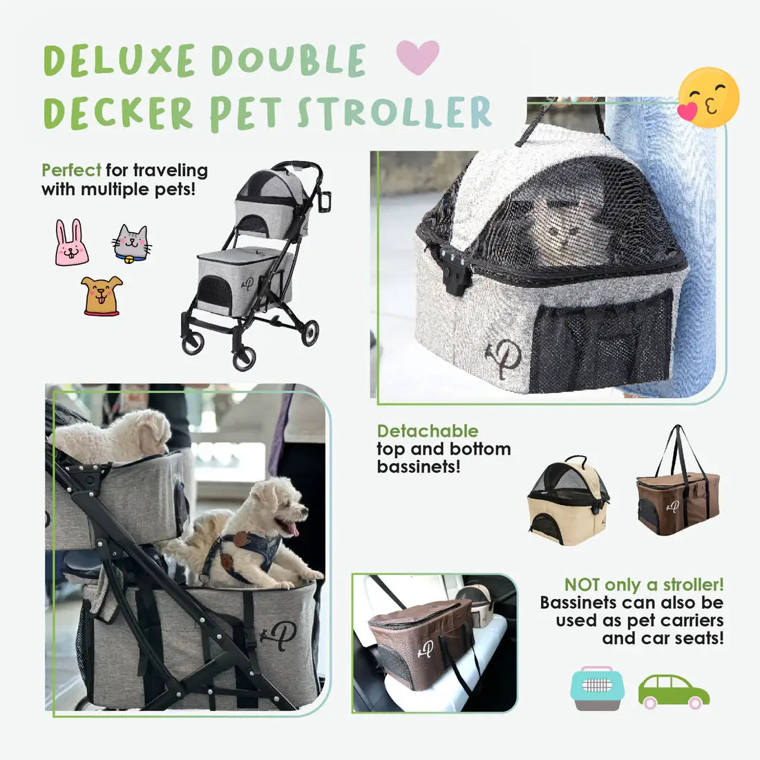 Petique Deluxe Double Decker Pet Stroller- Grey | Double Pet Stroller 9