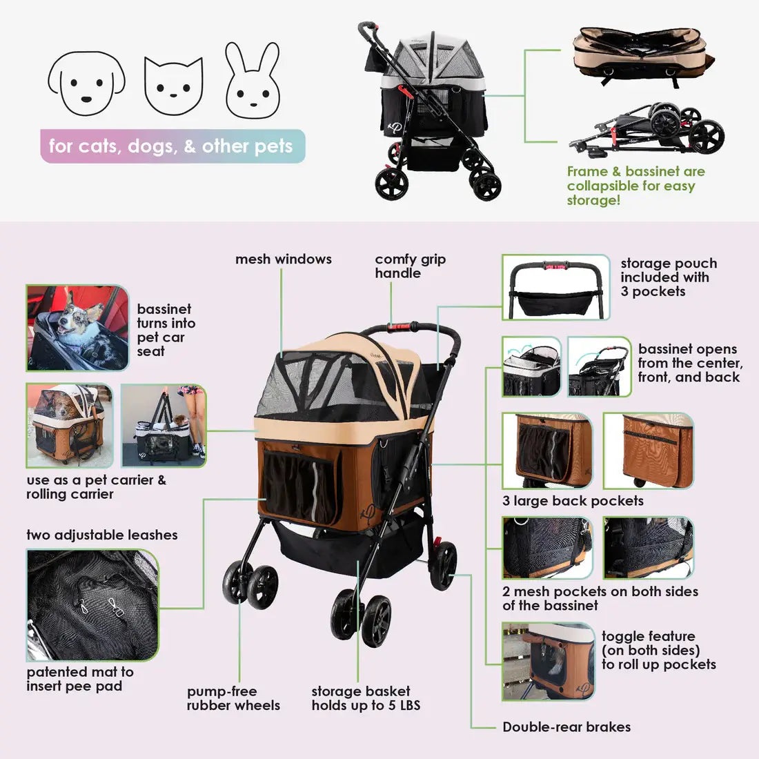 Petique Dynamic Pet Stroller 4-in-1 Travel System - Mocha | Pet Car Seat and Carrier 6