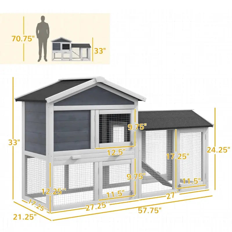 PawHut Wooden Outdoor Rabbit Hutch with Enclosed Run- Dimensions