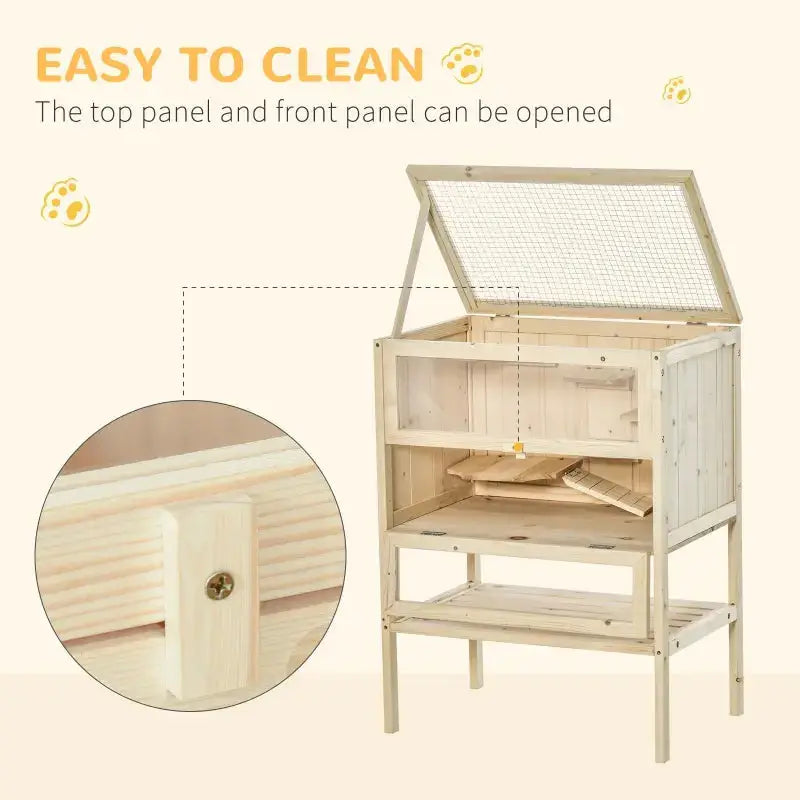 PawHut 3-Tier Wooden Hamster Cage Gerbil Cage (Natural Wood) Access