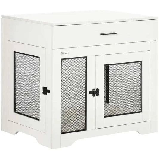 PawHut Dog Crate End Table with Drawer - White/Black
