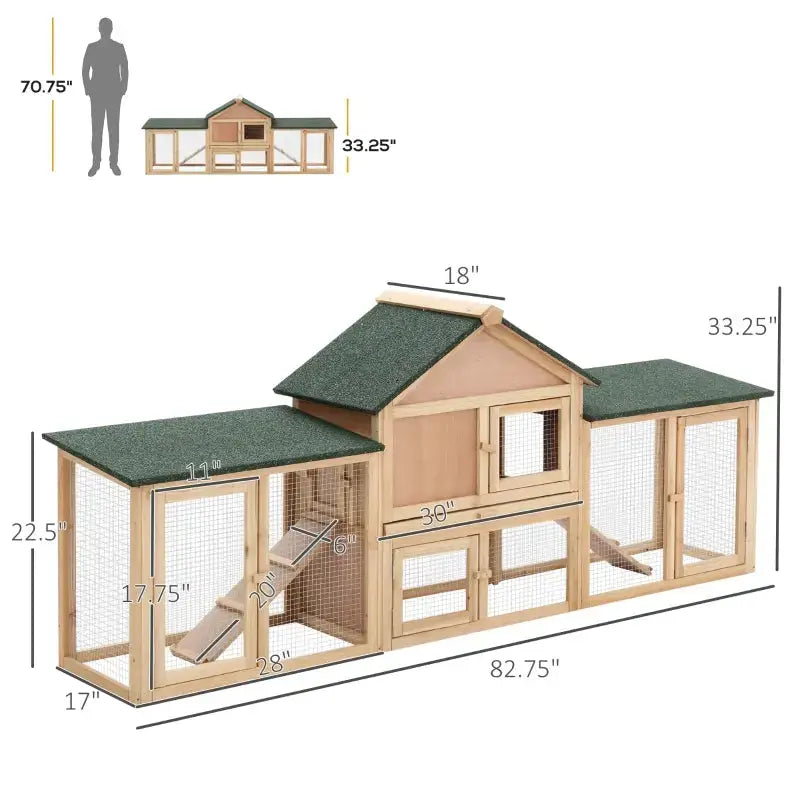 PawHut 83" Deluxe Outdoor Rabbit Hutch, Bunny House- Natural Dimensions