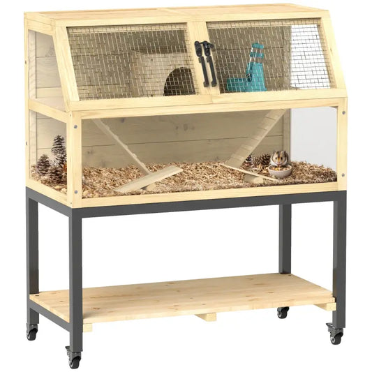 PawHut Hamster Cage on Wheels w/ Storage Shelf for Hamster or Mouse