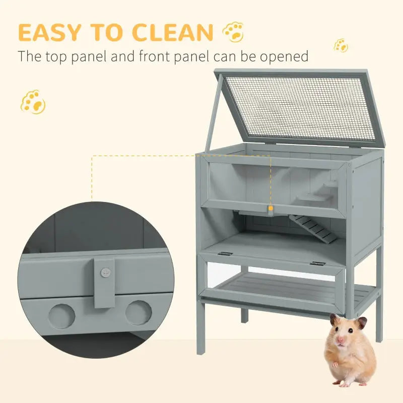 PawHut 3-Tier Wooden Hamster Cage | Gerbil Cage (Gray) Cleaning