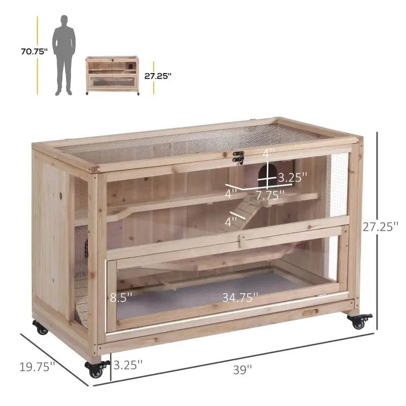 PawHut 3-Tier Wooden Hamster Cage with Wheels | Gerbil Cage Dimensions