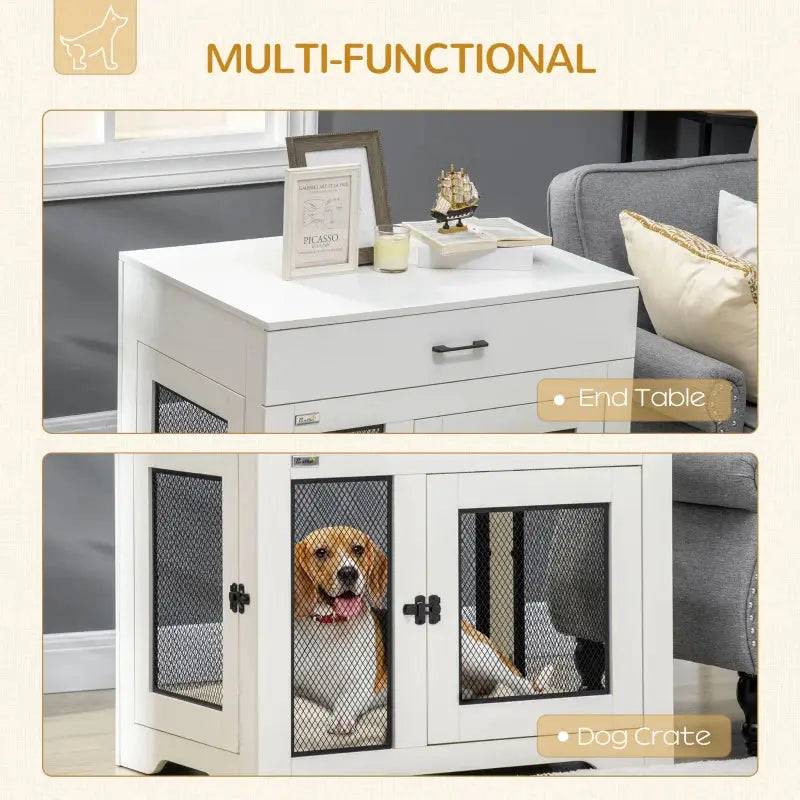 PawHut Dog Crate End Table with Drawer - White/Black - A Bunny Good Time