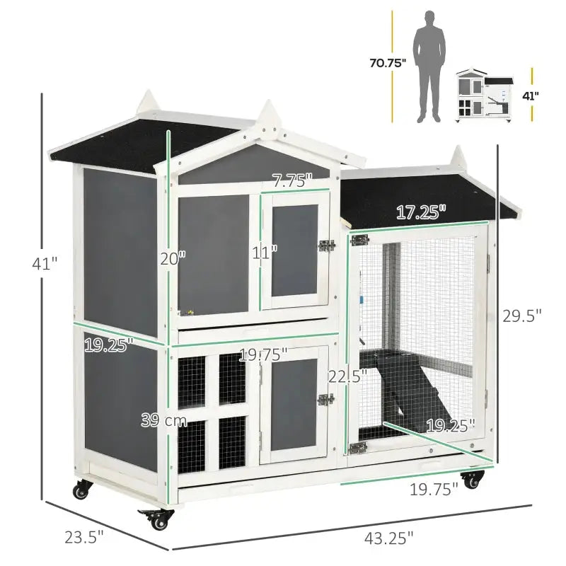 PawHut 43" Large Indoor/Outdoor Rabbit Hutch with Wheels dimensions