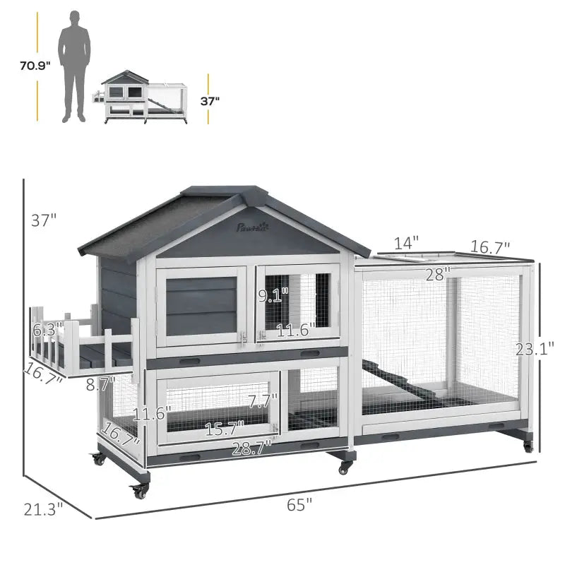 PawHut 65" Wooden Rabbit Hutch - Indoor/Outdoor - Gray - A Bunny Good Time