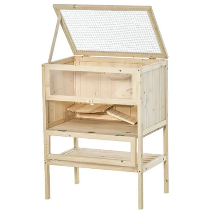 PawHut 3-Tier Wooden Hamster Cage Gerbil Cage (Natural Wood) Openable top