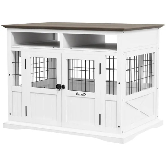 Dog Kennel and Furniture Side End Table with Storage- White - A Bunny Good Time