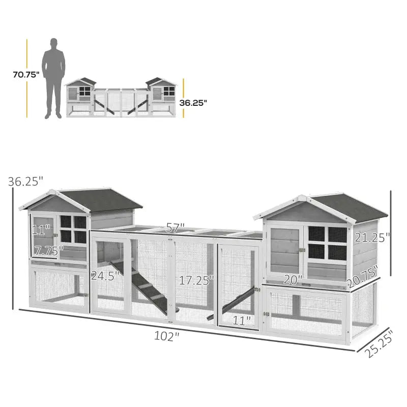 PawHut 102" XL Outdoor Rabbit Hutch Bunny House- Gray Dimension